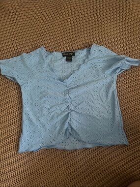 like an angel Sky Blue Eyelet Ruched V-Neck Short Sleeve Top